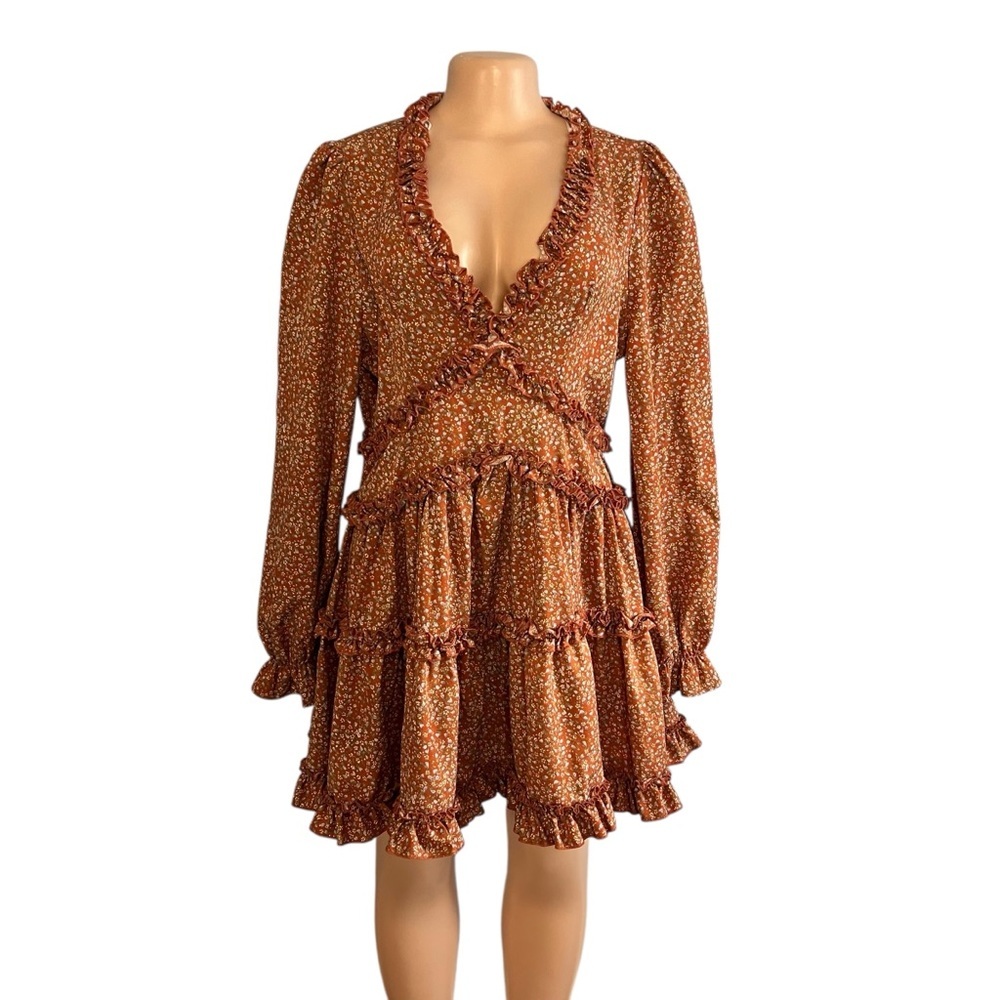Lulu's Rust Floral Long Sleeve Ruffle Skater Dress - Picture 2 of 9